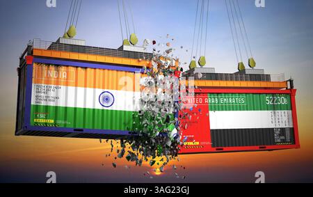 Conteneurs de fret avec drapeaux de l'Inde et des Émirats Arabes Unis - illustration 3D. Banque D'Images