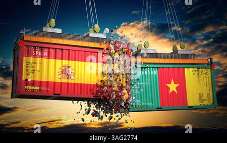 Conteneurs de fret avec drapeaux de l'Espagne et du Cameroun - illustration 3D. Banque D'Images