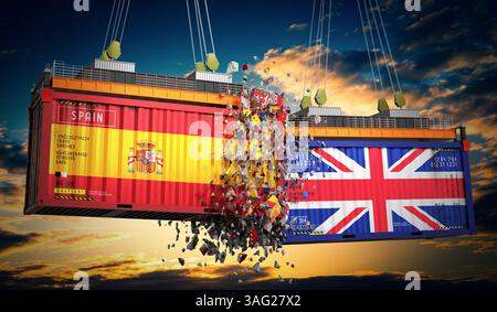 Conteneurs de fret avec drapeaux de l'Espagne et du Royaume-Uni - illustration 3D. Banque D'Images