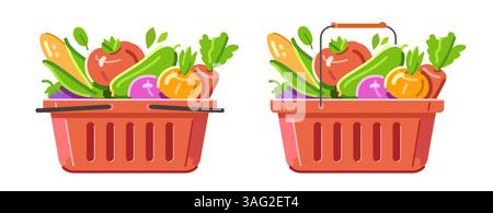 Panier en plastique rouge rempli de légumes frais. Nourriture biologique de ferme, dessin animé plat Illustration de Vecteur