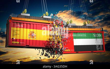 Conteneurs de fret avec drapeaux de l'Espagne et des Émirats Arabes Unis - illustration 3D. Banque D'Images