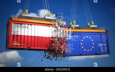 Conteneurs de fret avec pavillons de Pologne et de l'Union européenne - illustration 3D. Banque D'Images