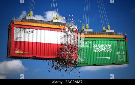 Conteneurs de fret avec drapeaux de Pologne et d'Arabie Saoudite - illustration 3D. Banque D'Images