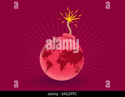 Affiche vintage vectorielle d'une bombe avec carte du monde. Terre comme une bombe. Crise mondiale ou guerre. Paix. Illustration de Vecteur