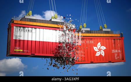 Conteneurs de fret avec drapeaux de Pologne et Hong Kong - illustration 3D. Banque D'Images