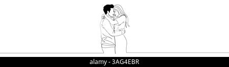 Icône de couple d'amour dessinée avec une ligne. Contour noir d'un homme et d'une femme embrassant, fait avec une seule ligne continue. Illustration vectorielle. Illustration de Vecteur