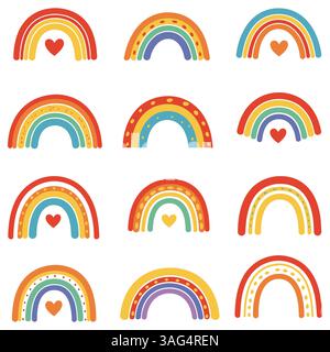 Ensemble d'icônes arc-en-ciel de dessin animé. Collection de douze arcs-en-ciel de dessins animés lumineux et colorés de différents styles et avec des éléments décoratifs. Vecteur illus Illustration de Vecteur