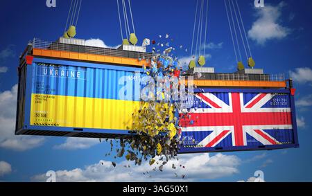 Conteneurs de fret avec drapeaux de l'Ukraine et du Royaume-Uni - illustration 3D. Banque D'Images