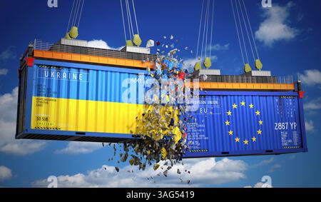 Conteneurs de fret avec drapeaux de l'Ukraine et de l'Union européenne - illustration 3D. Banque D'Images