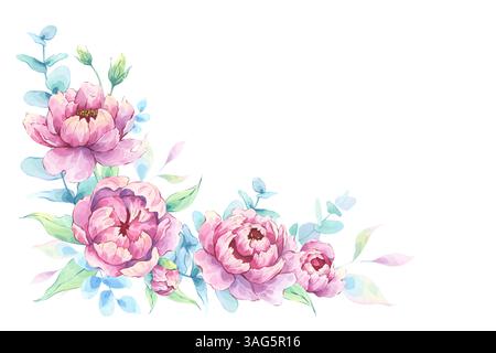 Arrangement de fleurs d'angle avec pivoines roses et eucalyptus Banque D'Images