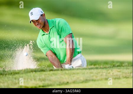 30 juin 2012 - Bethesda, MD, États-Unis - Tiger Woods frappe son troisième coup du bunker sur le 14e trou lors de la troisième manche du tournoi de golf AT&T National au Congressional Country Club à Bethesda, Maryland, le samedi 30 juin 2012. (Crédit image : © Pete Marovich/MCT/MCT/ZUMAPRESS.com) Banque D'Images