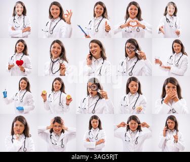 Collage de portraits de femmes adultes avec une variété d'expressions faciales. Banque D'Images