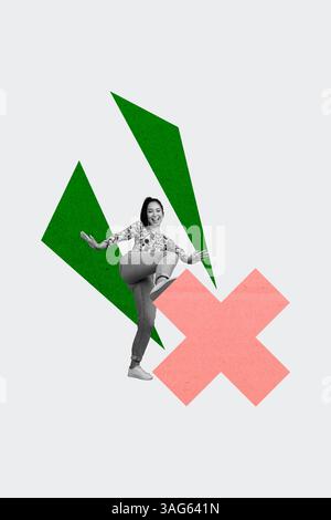 Modèle d'illustration de tendance dessin de collage 3D croquis de jeune dame stand une jambe punch croix vote arrêter emploi entrepreneur profession emploi Banque D'Images