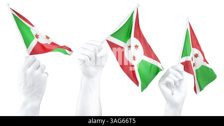 Main tenant le drapeau du Burundi. Rendu 3D isolé Banque D'Images