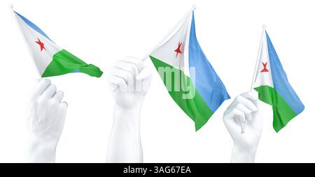 Main tenant le drapeau de Djibouti. Rendu 3D isolé Banque D'Images