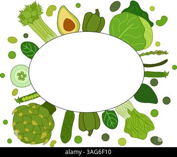Cadre ovale de légumes verts. Étiquette plate vectorielle, texte, espace de copie. Ferme épinards frais, avocat, poivre, concombre. Peut être utilisé pour la cuisine, la boulangerie, les étiquettes Illustration de Vecteur