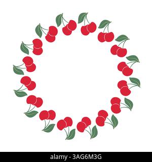 Couronne circulaire de cerises rouges avec des feuilles sur fond blanc Illustration de Vecteur