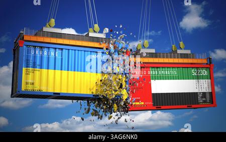 Conteneurs de fret avec drapeaux de l'Ukraine et des Émirats Arabes Unis - illustration 3D. Banque D'Images