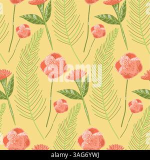 Motif floral sans couture avec des fleurs roses sur un fond jaune clair Illustration de Vecteur