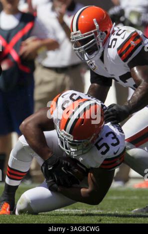 9 septembre 2012 - Cleveland, OH, USA - Craig Robertson, linebacker des Cleveland Browns, intercepte le ballon contre les Eagles de Philadelphie au cours du premier quart-temps au Cleveland Browns Stadium le dimanche 9 septembre 2012 à Cleveland, Ohio. Les Eagles ont battu les Browns, 17-16. (Crédit image : © Karen Schiely/MCT/ZUMAPRESS.com) Banque D'Images