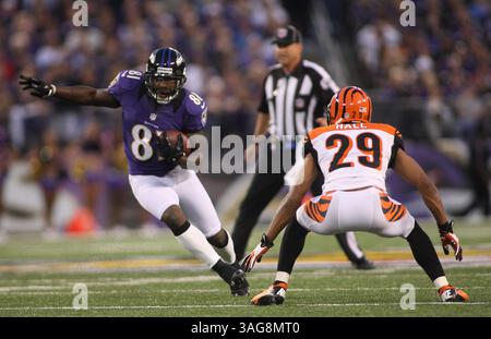Baltimore Ravens WR Anquan Boldin (81) remonte après une prise que Cincinnati Bengals CB Leon Hall (29) défend. Les Ravens de Baltimore battent les Bengals de Cincinnati 44-13 au M&T Bank Stadium le 10 septembre 2012 à Baltimore, Maryland. Photo : Mike Buscher/Cal Sport Media(crédit image : © Mike Buscher/Cal Sport Media/ZUMAPRESS.com) Banque D'Images