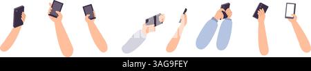 Mains tenant des smartphones, différentes poses. Addiction numérique, main humaine à l'aide d'un smartphone. Défilement des médias sociaux, trouver des informations, vecteur Illustration de Vecteur