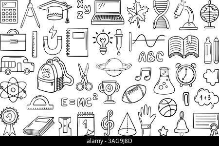 Retour aux éléments de l'école. Différentes icônes éducatives, casquette académique, ciseaux, livre. Symboles des cours scolaires, biologie mathématique musicale, vecteur néotérique Illustration de Vecteur