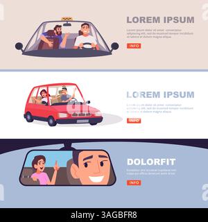 Parlez en voiture. personnages parlant avec le conducteur. jeu de bannières vectorielles Illustration de Vecteur