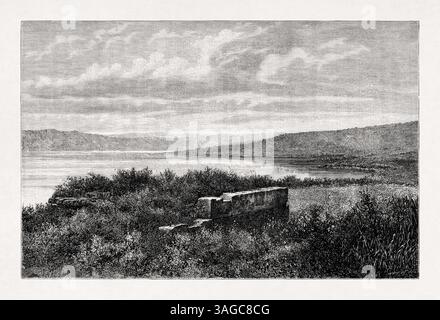 Gravure représentant la mer de ​​Galilee (lac de Tibériade) où Jésus-Christ accomplit la plupart de ses prédication et miracles. Banque D'Images