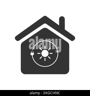 Lutte contre le changement climatique, utiliser l'énergie renouvelable à la maison - concept Design avec cordon électrique et soleil à l'intérieur d'un symbole de maison sur fond blanc - CR Illustration de Vecteur