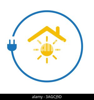 Lutte contre le changement climatique, utiliser l'énergie renouvelable à la maison - concept Design avec cordon électrique et soleil autour d'un symbole de maison sur fond blanc - CR Illustration de Vecteur