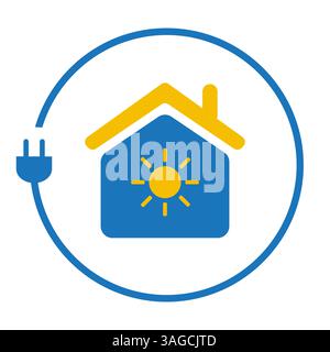 Lutte contre le changement climatique, utiliser l'énergie renouvelable à la maison - concept Design avec cordon électrique et soleil autour d'un symbole de maison sur fond blanc - CR Illustration de Vecteur