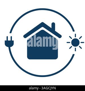 Lutte contre le changement climatique, utiliser l'énergie renouvelable à la maison - concept Design avec cordon électrique et soleil autour d'un symbole de maison sur fond blanc - CR Illustration de Vecteur