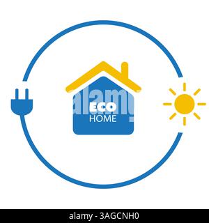Lutte contre le changement climatique, utiliser l'énergie renouvelable à la maison - concept Design avec cordon électrique et soleil autour d'un symbole de maison sur fond blanc - CR Illustration de Vecteur
