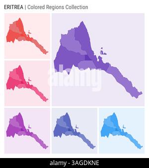 Collection de cartes de l'Érythrée. Forme de pays avec régions colorées. Violet foncé, rouge, rose, violet, indigo, palettes de couleurs bleues. Illustration de Vecteur