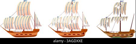 Voilier cassé. Navire en bois vintage, de neuf à broked. Cuirassé, navire après naufrage en mer ou en océan. Naufrage, dessin animé transport par eau Illustration de Vecteur