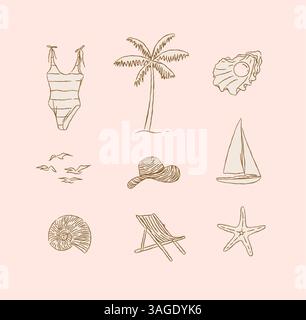 Plage d'été Relax icônes collection maillot de bain, palmier, coquille, perle, mouettes, oiseaux, chapeau, yacht, étoile de mer, dessin de chaise de plage dans le style graphique sur Illustration de Vecteur