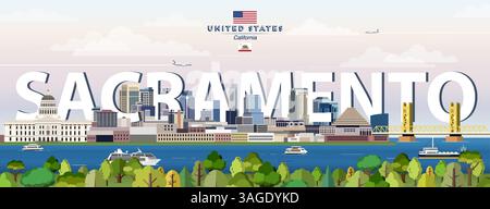 Illustration vectorielle colorée de l'horizon de la ville de Sacramento. Affiche de voyage Illustration de Vecteur