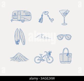 Collection d'icônes de voyage d'été voiture remorque clé verre surf vagues lunettes de soleil vélo de montagne sac de plage dessin dans un style graphique sur fond bleu Illustration de Vecteur