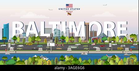 Illustration vectorielle colorée de la ligne d'horizon de Baltimore. Affiche de voyage Illustration de Vecteur