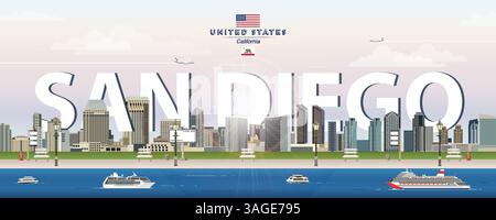Illustration vectorielle colorée de la skyline de San Diego. Affiche de voyage Illustration de Vecteur