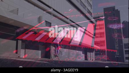 Image d'une interface numérique avec graphiques et statistiques et cellules du coronavirus se propageant sur un perso Banque D'Images