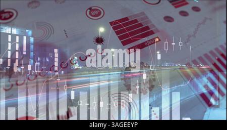 Image d'une interface numérique avec des graphiques et des statistiques et des cellules de Coronavirus se propageant sur timelap Banque D'Images