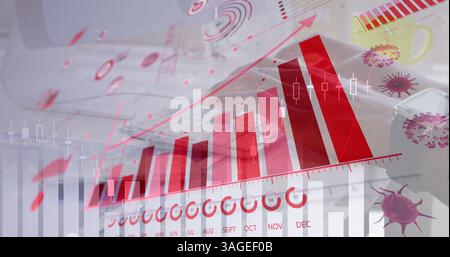 Image d'une interface numérique avec graphiques et statistiques et cellules du coronavirus se propageant sur un perso Banque D'Images