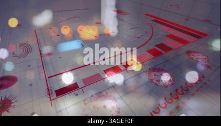 Image d'une interface numérique avec des graphiques et des statistiques et des cellules de coronavirus se propageant sur les gens Banque D'Images