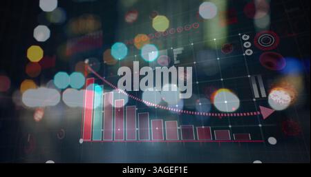 Image d'une interface numérique avec des graphiques et des statistiques et des cellules de coronavirus se propageant sur cars ri Banque D'Images