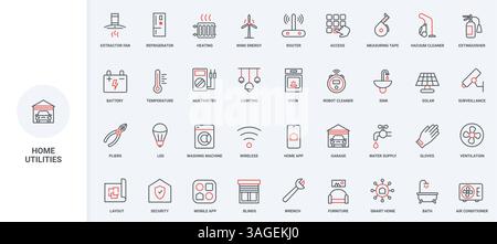 Énergie, gaz et chauffage, approvisionnement en eau et surveillance pour le jeu d'icônes de ligne d'accueil. Appareils intelligents et contrôle de la température avec application mobile, illustration vectorielle de symboles de contour noir et rouge minces de garage Illustration de Vecteur