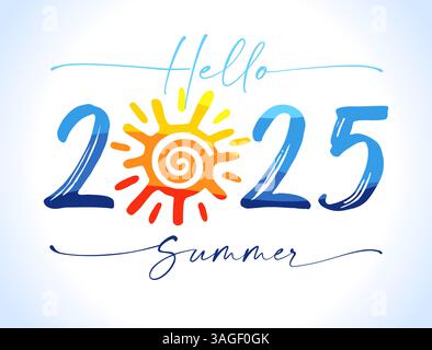 Bonjour été 2025 salutations créatives. Affiche sur les médias sociaux. Chronologie du réseau Web. Bannière publicitaire d'offre spéciale. Mignon numéro bleu 20 25 Illustration de Vecteur