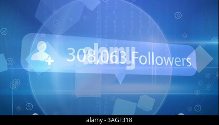 Image de la bulle de parole avec le texte et les chiffres des suiveurs sur les icônes numériques Banque D'Images