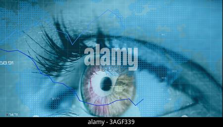 Image du traitement des données financières avec la carte du monde au-dessus de l'oeil de la femme Banque D'Images